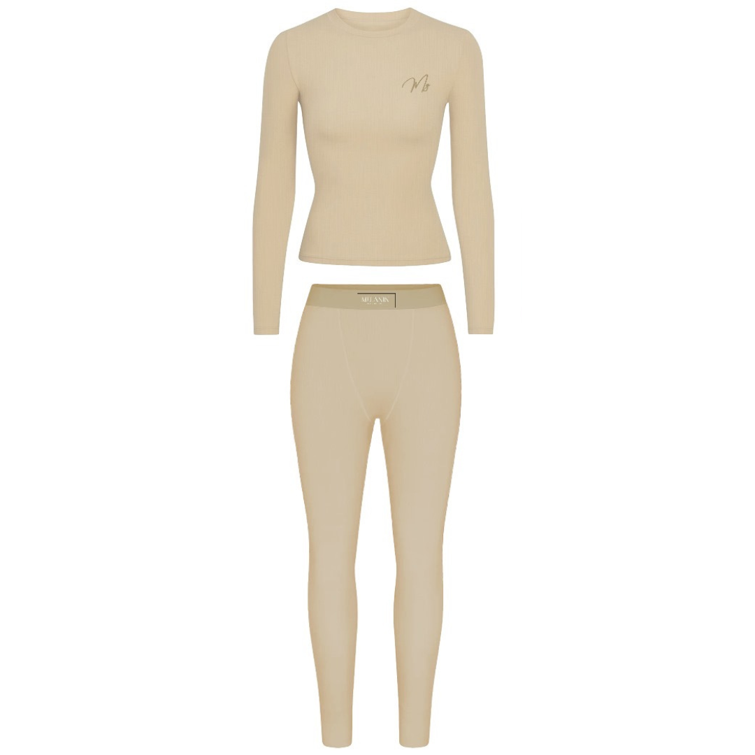 Beige ribbed long sleeve set