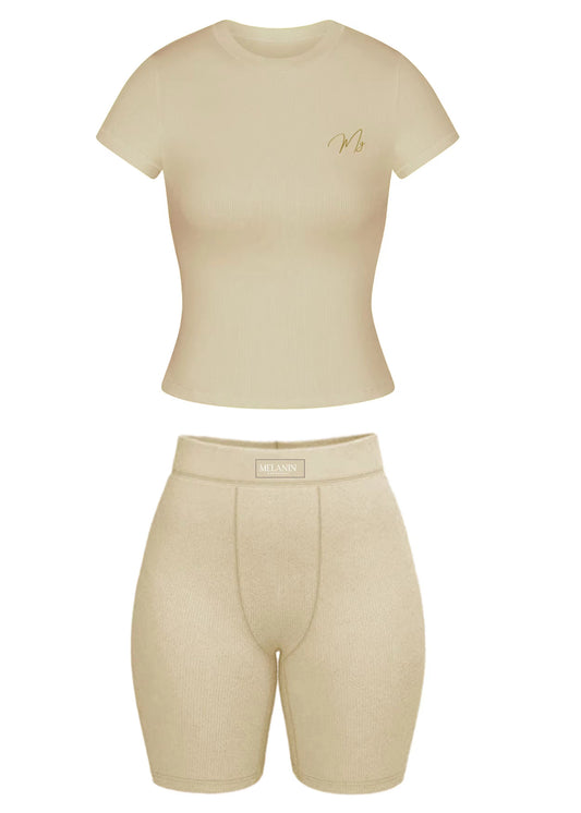 (NEW) Nude ribbed short set