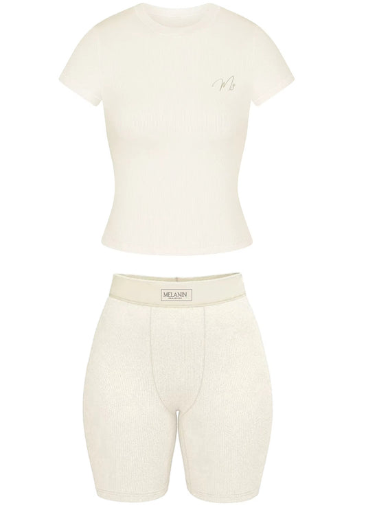(NEW) Beige ribbed short set