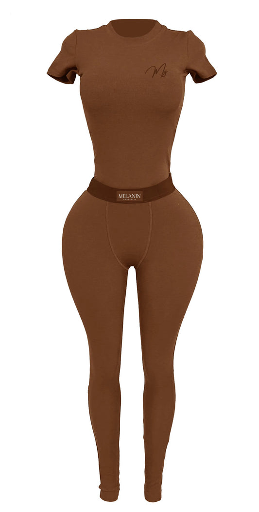 Brown ribbed short sleeve set