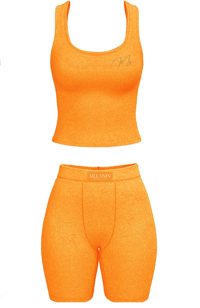 Orange ribbed tank short set