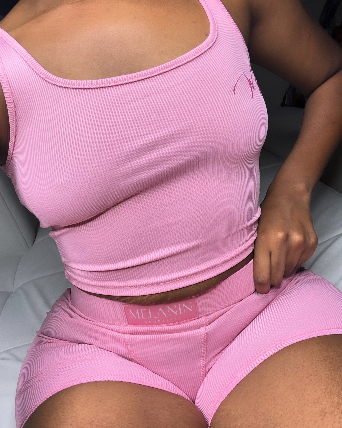 Pink ribbed tank short set