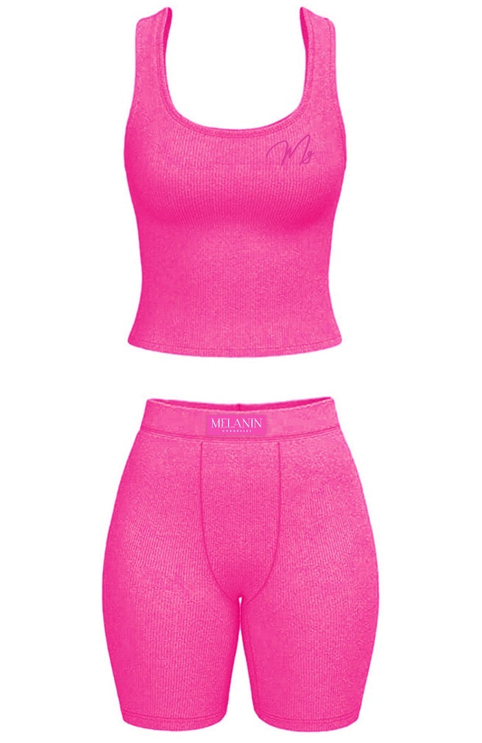 Hot pink Ribbed tank short set