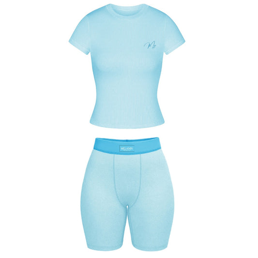 Sky blue ribbed short set