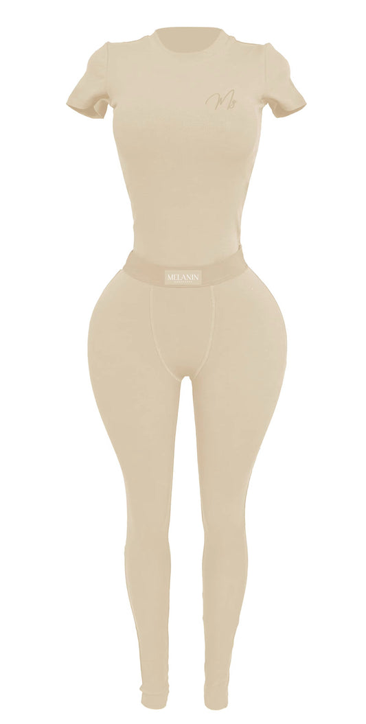 Beige ribbed short sleeve set