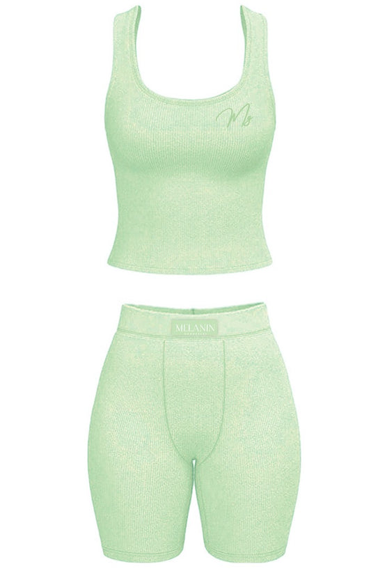 Mint green ribbed tank short set