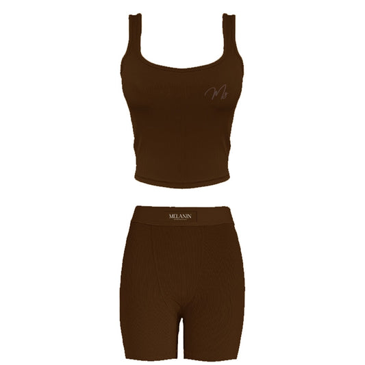 Chocolate ribbed tank short set