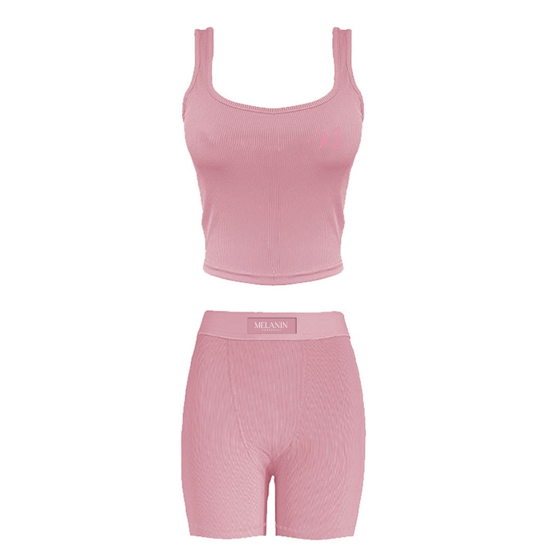 Pink ribbed tank short set