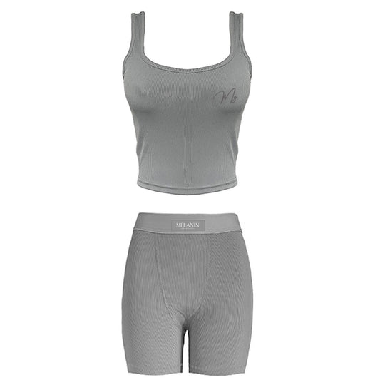 Grey ribbed tank short set