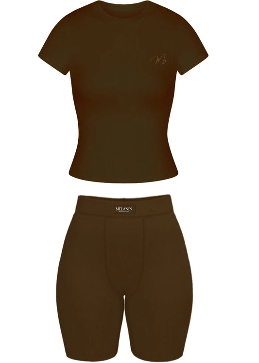 (NEW) Chocolate ribbed short set