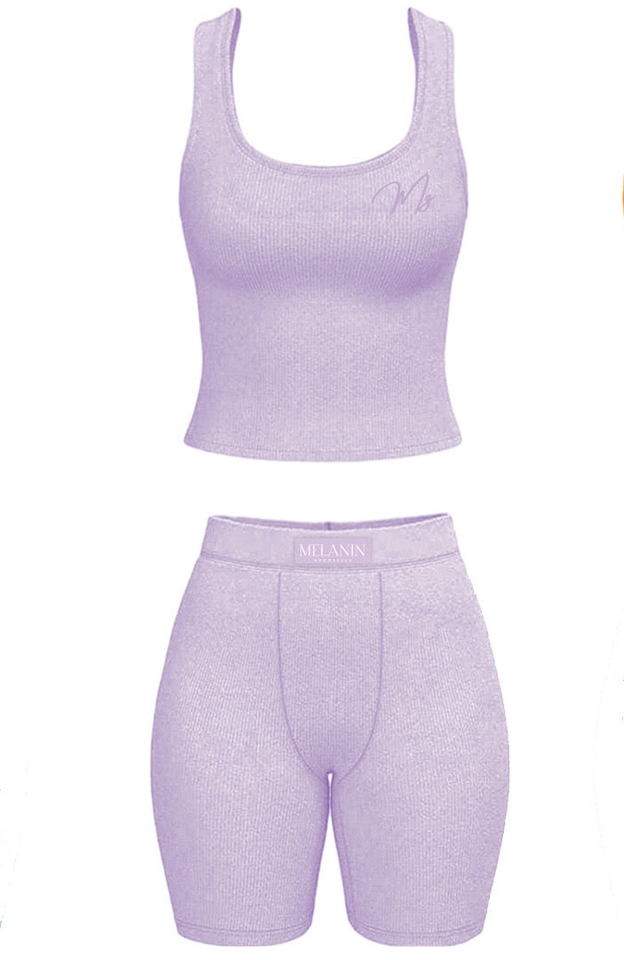 Purple ribbed tank short set